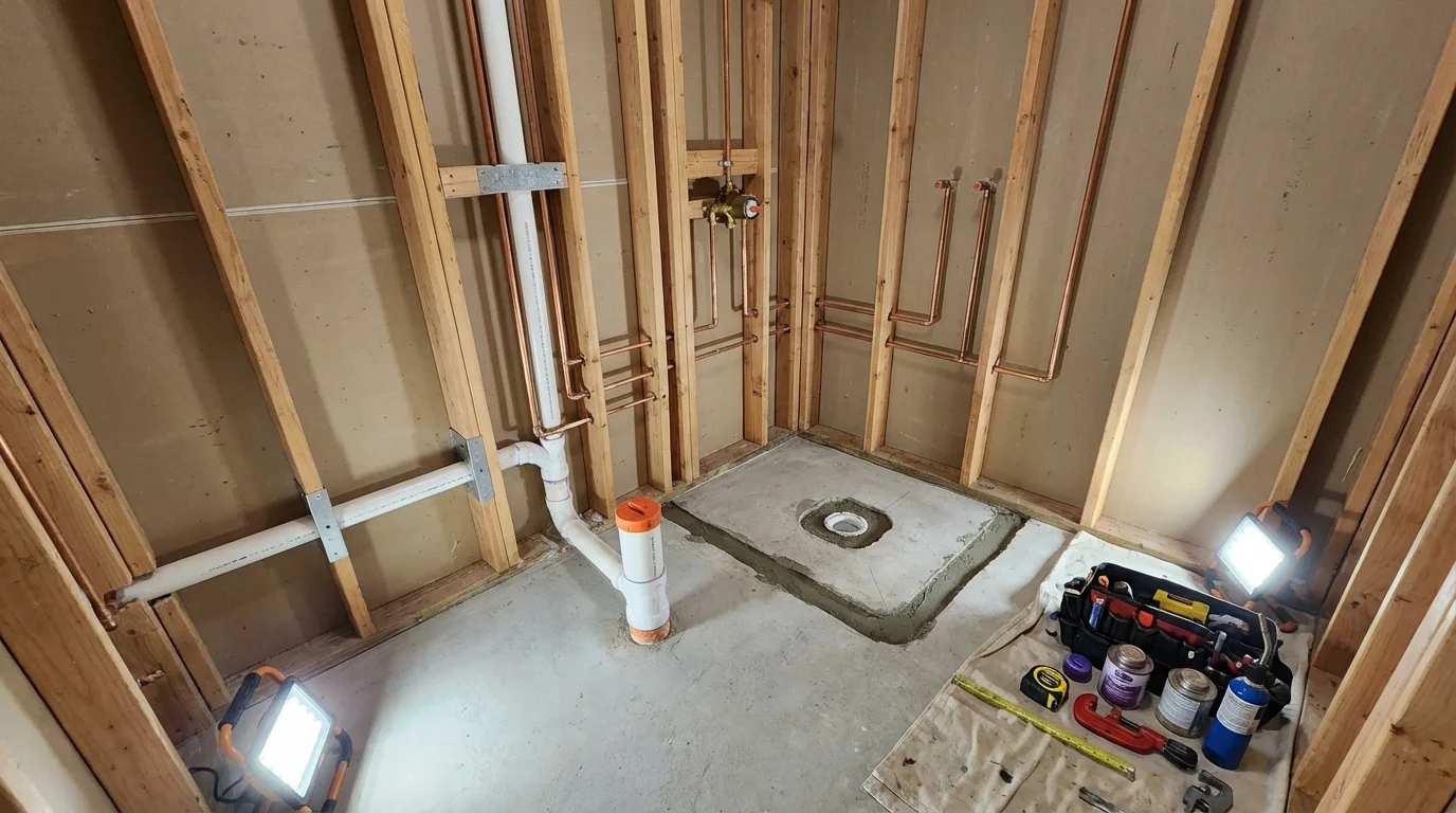 Bathroom rough-in plumbing during remodel by Johns Plumbing LLC in Webb City