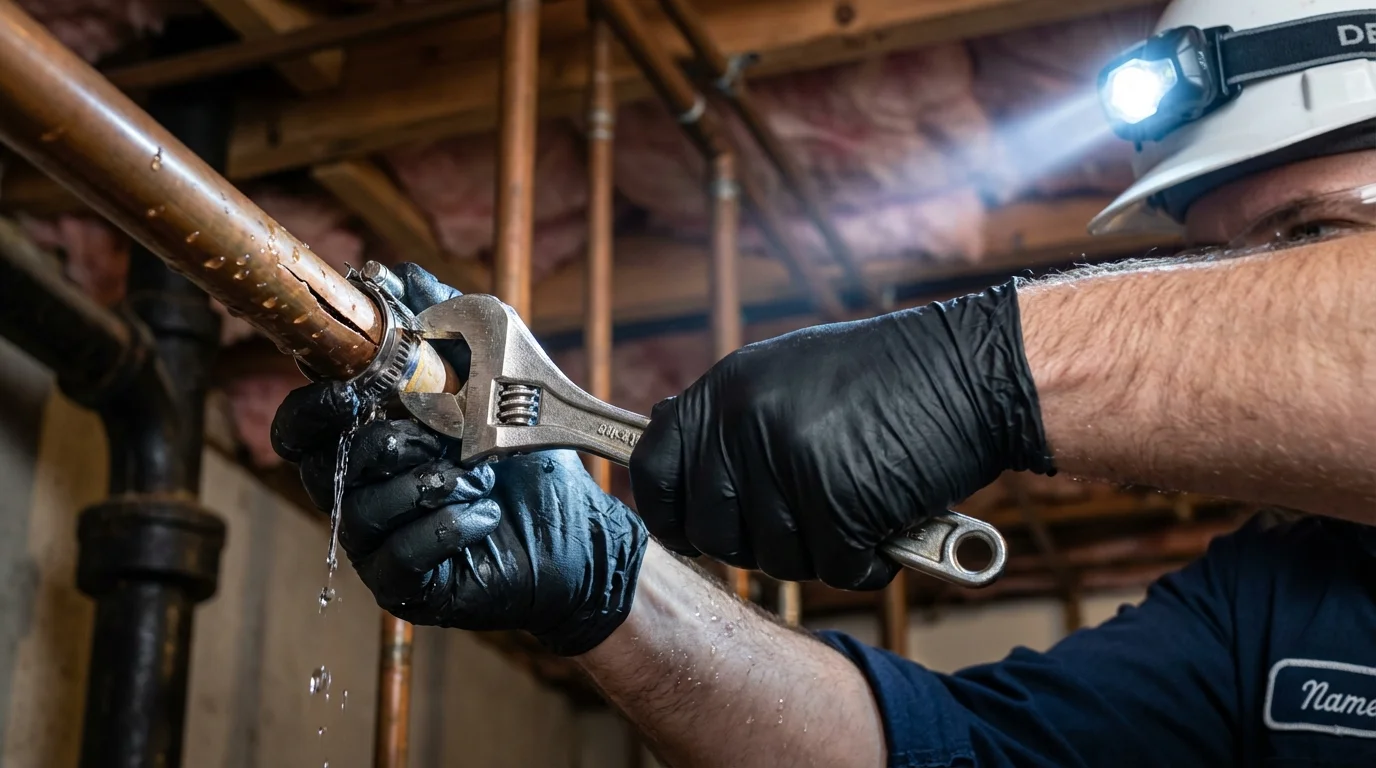 Emergency pipe clamp repair being performed by a Johns Plumbing LLC plumber in Webb City