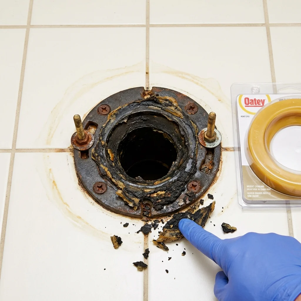 Failed wax ring showing water seepage at the base of a toilet in a Webb City, MO home