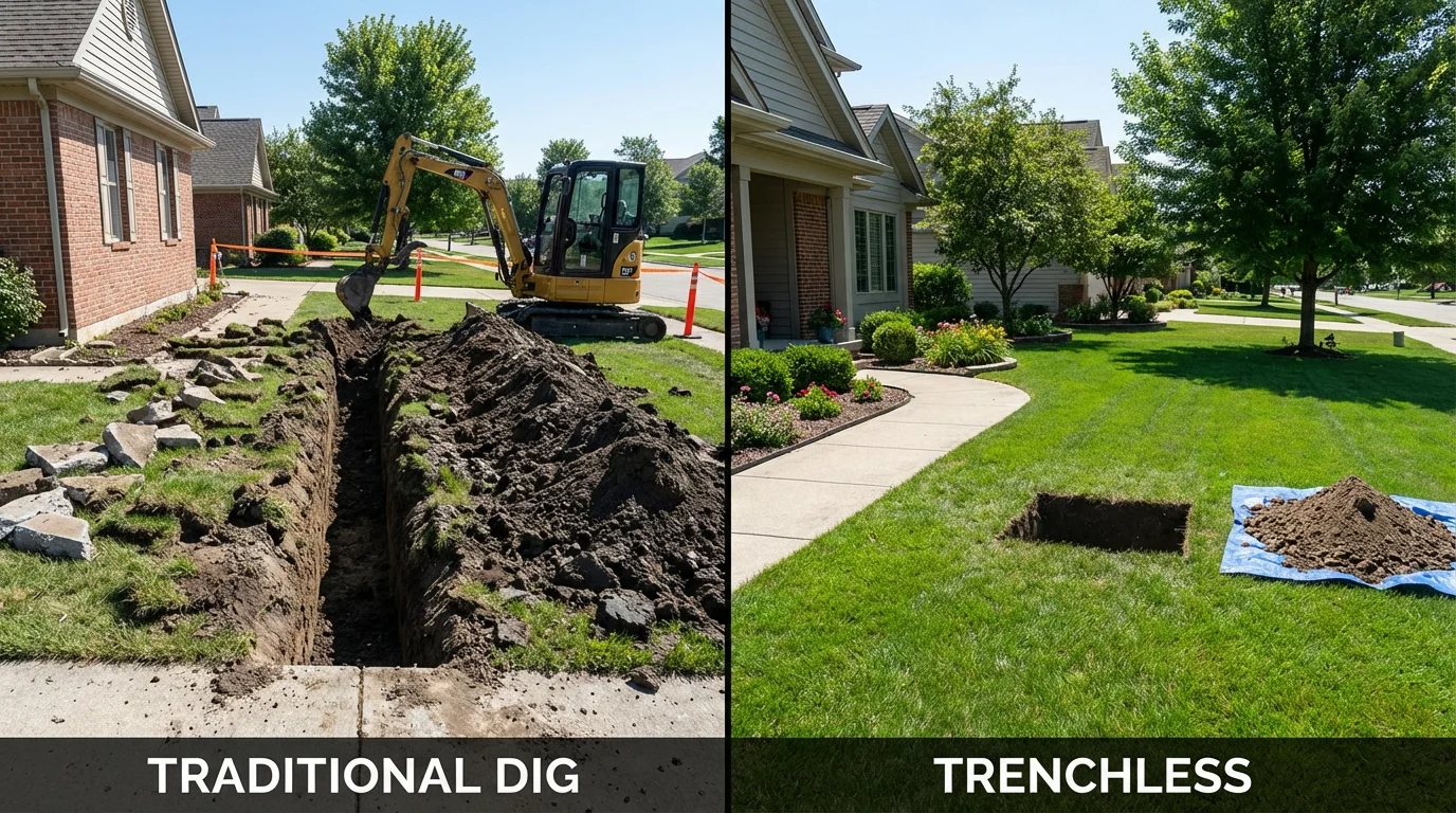 Trenchless sewer repair with minimal yard damage versus traditional excavation in Webb City, MO